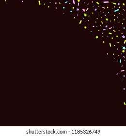 Sprinkles grainy. Sweet confetti on chocolate glaze background. Cupcake, donuts, dessert, sugar, bakery background. Vector Illustration for holiday designs, party, birthday, wedding invitation.