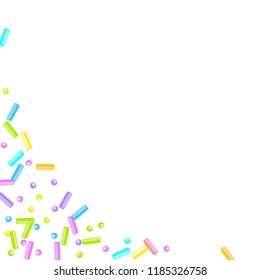 Sprinkles grainy. Sweet confetti on white chocolate glaze background. Cupcake, donuts, dessert, sugar, bakery background. Vector Illustration for holiday designs, party, birthday, wedding invitation.