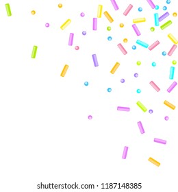 Sprinkles grainy. Sweet confetti on white chocolate glaze background. Cupcake, donuts, dessert, sugar, bakery background. Vector Illustration for holiday designs, party, birthday, wedding invitation.