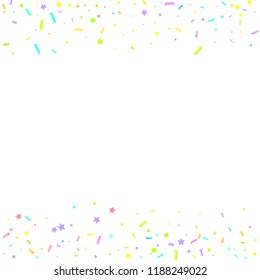 Sprinkles grainy. Sweet confetti on white chocolate glaze background. Cupcake, donuts, dessert, sugar, bakery background. Vector Illustration for holiday designs, party, birthday, wedding invitation.