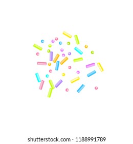 Sprinkles grainy. Sweet confetti on white chocolate glaze background. Cupcake, donuts, dessert, sugar, bakery background. Vector Illustration for holiday designs, party, birthday, wedding invitation.