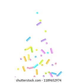Sprinkles grainy. Sweet confetti on white chocolate glaze background. Cupcake, donuts, dessert, sugar, bakery background. Vector Illustration for holiday designs, party, birthday, wedding invitation.