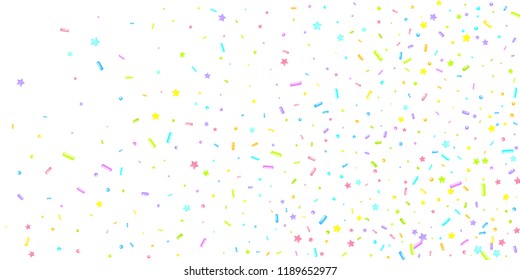 Sprinkles grainy. Sweet confetti on white chocolate glaze background. Cupcake, donuts, dessert, sugar, bakery background. Vector Illustration for holiday designs, party, birthday, wedding invitation.