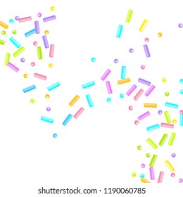 Sprinkles grainy. Sweet confetti on white chocolate glaze background. Cupcake, donuts, dessert, sugar, bakery background. Vector Illustration for holiday designs, party, birthday, wedding invitation.