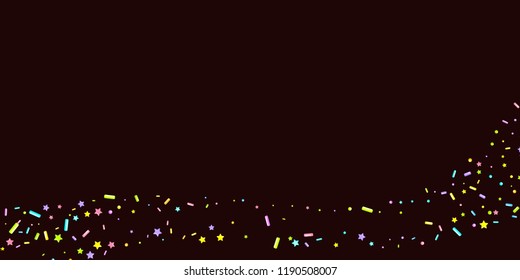 Sprinkles grainy. Sweet confetti on chocolate glaze background. Cupcake, donuts, dessert, sugar, bakery background. Vector Illustration for holiday designs, party, birthday, wedding invitation.