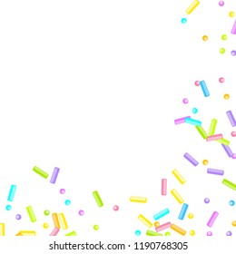 Sprinkles grainy. Sweet confetti on white chocolate glaze background. Cupcake, donuts, dessert, sugar, bakery background. Vector Illustration for holiday designs, party, birthday, wedding invitation.