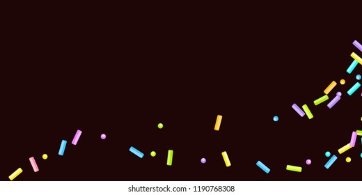 Sprinkles grainy. Sweet confetti on chocolate glaze background. Cupcake, donuts, dessert, sugar, bakery background. Vector Illustration for holiday designs, party, birthday, wedding invitation.