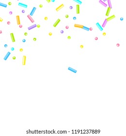 Sprinkles grainy. Sweet confetti on white chocolate glaze background. Cupcake, donuts, dessert, sugar, bakery background. Vector Illustration for holiday designs, party, birthday, wedding invitation.