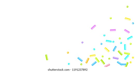 Sprinkles grainy. Sweet confetti on white chocolate glaze background. Cupcake, donuts, dessert, sugar, bakery background. Vector Illustration for holiday designs, party, birthday, wedding invitation.