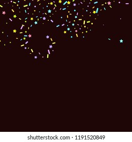 Sprinkles grainy. Sweet confetti on chocolate glaze background. Cupcake, donuts, dessert, sugar, bakery background. Vector Illustration for holiday designs, party, birthday, wedding invitation.