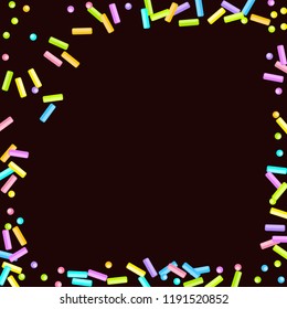 Sprinkles grainy. Sweet confetti on chocolate glaze background. Cupcake, donuts, dessert, sugar, bakery background. Vector Illustration for holiday designs, party, birthday, wedding invitation.