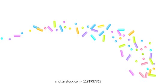 Sprinkles grainy. Sweet confetti on white chocolate glaze background. Cupcake, donuts, dessert, sugar, bakery background. Vector Illustration for holiday designs, party, birthday, wedding invitation.