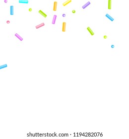 Sprinkles grainy. Sweet confetti on white chocolate glaze background. Cupcake, donuts, dessert, sugar, bakery background. Vector Illustration for holiday designs, party, birthday, wedding invitation.