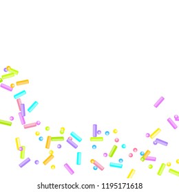 Sprinkles grainy. Sweet confetti on white chocolate glaze background. Cupcake, donuts, dessert, sugar, bakery background. Vector Illustration for holiday designs, party, birthday, wedding invitation.
