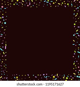 Sprinkles grainy. Sweet confetti on chocolate glaze background. Cupcake, donuts, dessert, sugar, bakery background. Vector Illustration for holiday designs, party, birthday, wedding invitation.