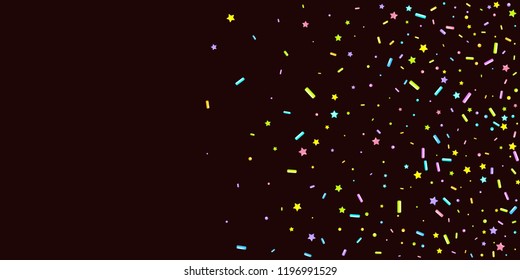 Sprinkles grainy. Sweet confetti on chocolate glaze background. Cupcake, donuts, dessert, sugar, bakery background. Vector Illustration for holiday designs, party, birthday, wedding invitation.
