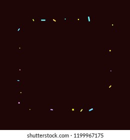 Sprinkles grainy. Sweet confetti on chocolate glaze background. Cupcake, donuts, dessert, sugar, bakery background. Vector Illustration for holiday designs, party, birthday, wedding invitation.
