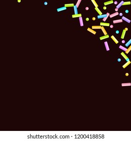 Sprinkles grainy. Sweet confetti on chocolate glaze background. Cupcake, donuts, dessert, sugar, bakery background. Vector Illustration for holiday designs, party, birthday, wedding invitation.