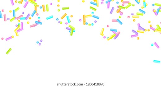 Sprinkles grainy. Sweet confetti on white chocolate glaze background. Cupcake, donuts, dessert, sugar, bakery background. Vector Illustration for holiday designs, party, birthday, wedding invitation.