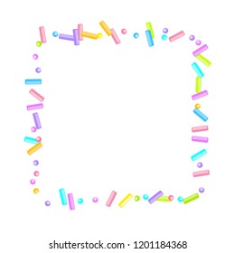 Sprinkles grainy. Sweet confetti on white chocolate glaze background. Cupcake, donuts, dessert, sugar, bakery background. Vector Illustration for holiday designs, party, birthday, wedding invitation.