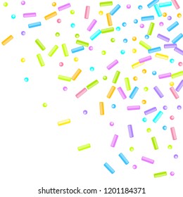 Sprinkles grainy. Sweet confetti on white chocolate glaze background. Cupcake, donuts, dessert, sugar, bakery background. Vector Illustration for holiday designs, party, birthday, wedding invitation.