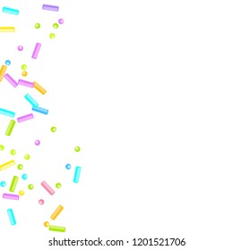 Sprinkles grainy. Sweet confetti on white chocolate glaze background. Cupcake, donuts, dessert, sugar, bakery background. Vector Illustration for holiday designs, party, birthday, wedding invitation.