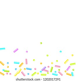 Sprinkles grainy. Sweet confetti on white chocolate glaze background. Cupcake, donuts, dessert, sugar, bakery background. Vector Illustration for holiday designs, party, birthday, wedding invitation.