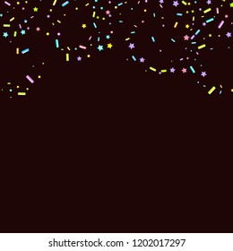 Sprinkles grainy. Sweet confetti on chocolate glaze background. Cupcake, donuts, dessert, sugar, bakery background. Vector Illustration for holiday designs, party, birthday, wedding invitation.