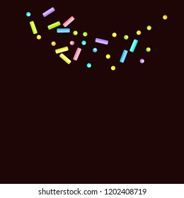 Sprinkles grainy. Sweet confetti on chocolate glaze background. Cupcake, donuts, dessert, sugar, bakery background. Vector Illustration for holiday designs, party, birthday, wedding invitation.