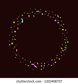 Sprinkles grainy. Sweet confetti on chocolate glaze background. Cupcake, donuts, dessert, sugar, bakery background. Vector Illustration for holiday designs, party, birthday, wedding invitation.