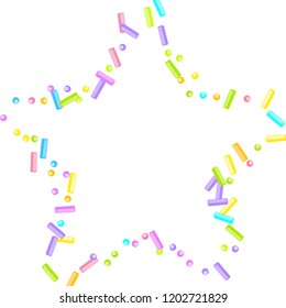 Sprinkles grainy. Sweet confetti on white chocolate glaze background. Cupcake, donuts, dessert, sugar, bakery background. Vector Illustration for holiday designs, party, birthday, wedding invitation.