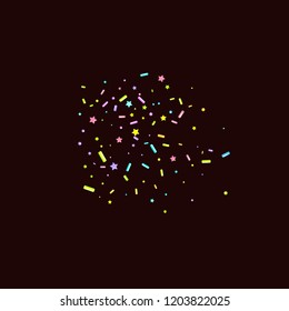 Sprinkles grainy. Sweet confetti on chocolate glaze background. Cupcake, donuts, dessert, sugar, bakery background. Vector Illustration for holiday designs, party, birthday, wedding invitation.