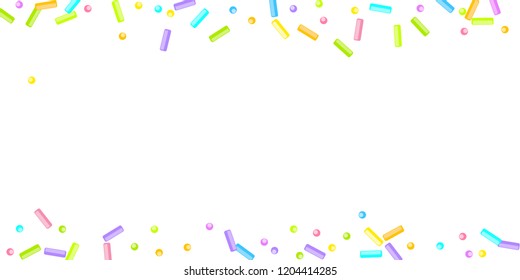 Sprinkles grainy. Sweet confetti on white chocolate glaze background. Cupcake, donuts, dessert, sugar, bakery background. Vector Illustration for holiday designs, party, birthday, wedding invitation.