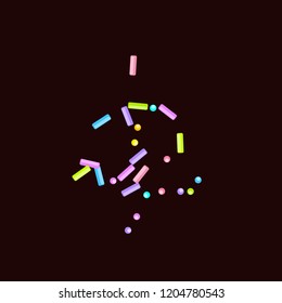 Sprinkles grainy. Sweet confetti on chocolate glaze background. Cupcake, donuts, dessert, sugar, bakery background. Vector Illustration for holiday designs, party, birthday, wedding invitation.
