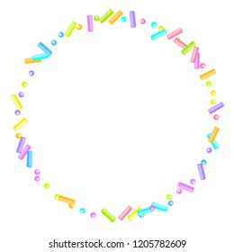 Sprinkles grainy. Sweet confetti on white chocolate glaze background. Cupcake, donuts, dessert, sugar, bakery background. Vector Illustration for holiday designs, party, birthday, wedding invitation.