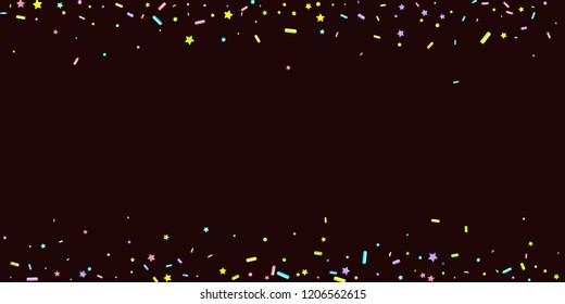 Sprinkles grainy. Sweet confetti on chocolate glaze background. Cupcake, donuts, dessert, sugar, bakery background. Vector Illustration for holiday designs, party, birthday, wedding invitation.