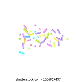 Sprinkles grainy. Sweet confetti on white chocolate glaze background. Cupcake, donuts, dessert, sugar, bakery background. Vector Illustration for holiday designs, party, birthday, wedding invitation.
