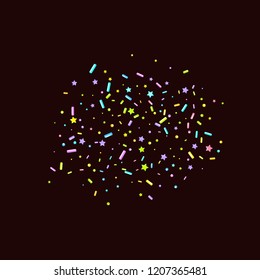 Sprinkles grainy. Sweet confetti on chocolate glaze background. Cupcake, donuts, dessert, sugar, bakery background. Vector Illustration for holiday designs, party, birthday, wedding invitation.