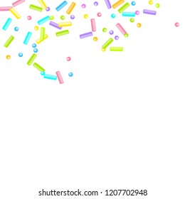 Sprinkles grainy. Sweet confetti on white chocolate glaze background. Cupcake, donuts, dessert, sugar, bakery background. Vector Illustration for holiday designs, party, birthday, wedding invitation.