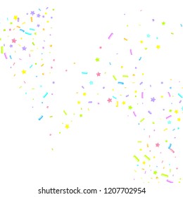 Sprinkles grainy. Sweet confetti on white chocolate glaze background. Cupcake, donuts, dessert, sugar, bakery background. Vector Illustration for holiday designs, party, birthday, wedding invitation.