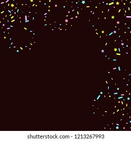 Sprinkles grainy. Sweet confetti on chocolate glaze background. Cupcake, donuts, dessert, sugar, bakery background. Vector Illustration for holiday designs, party, birthday, wedding invitation.