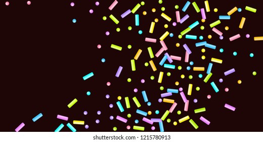 Sprinkles grainy. Sweet confetti on chocolate glaze background. Cupcake, donuts, dessert, sugar, bakery background. Vector Illustration for holiday designs, party, birthday, wedding invitation.