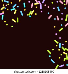 Sprinkles grainy. Sweet confetti on chocolate glaze background. Vector Illustration for holiday designs, party, birthday, wedding invitation.