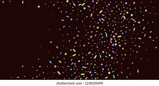 Sprinkles grainy. Sweet confetti on chocolate glaze background. Cupcake, donuts, dessert, sugar, bakery background. Vector Illustration for holiday designs, party, birthday, wedding invitation.
