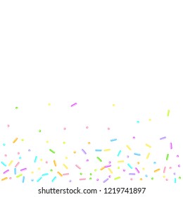 Sprinkles grainy. Sweet confetti on white chocolate glaze background. Cupcake, donuts, dessert, sugar, bakery background. Vector Illustration for holiday designs, party, birthday, wedding invitation.