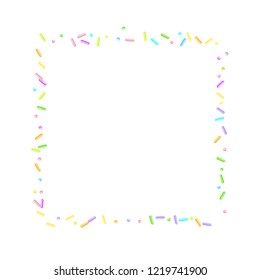 Sprinkles grainy. Sweet confetti on white chocolate glaze background. Cupcake, donuts, dessert, sugar, bakery background. Vector Illustration for holiday designs, party, birthday, wedding invitation.