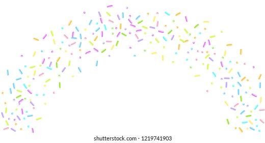 Sprinkles grainy. Sweet confetti on white chocolate glaze background. Cupcake, donuts, dessert, sugar, bakery background. Vector Illustration for holiday designs, party, birthday, wedding invitation.