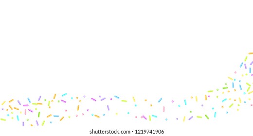 Sprinkles grainy. Sweet confetti on white chocolate glaze background. Cupcake, donuts, dessert, sugar, bakery background. Vector Illustration for holiday designs, party, birthday, wedding invitation.