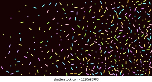 Sprinkles grainy. Sweet confetti on chocolate glaze background. Cupcake, donuts, dessert, sugar, bakery background. Vector Illustration for holiday designs, party, birthday, wedding invitation.