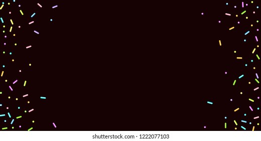 Sprinkles grainy. Sweet confetti on chocolate glaze background. Cupcake, donuts, dessert, sugar, bakery background. Vector Illustration for holiday designs, party, birthday, wedding invitation.